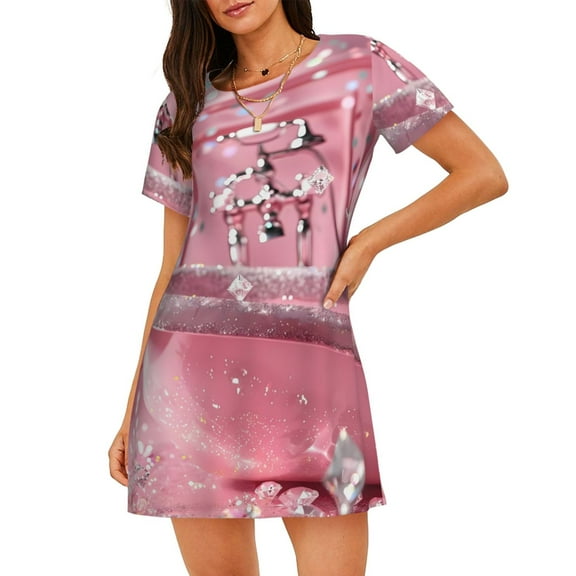 Rateoe Glittering Pink Bathtub Print Women’s Nightdress – Cozy Cotton Short-sleeved Sleep Shirt, Loose-Fit Sleepwear, Perfect for Relaxing and Sleeping
