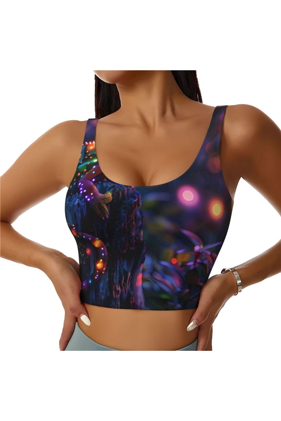 Glowing Chameleon Fantasy Art Print Womens' Sports Bras Scoop Neck Sports Vest- Padded U Back Seamless High Impact Support-Medium
