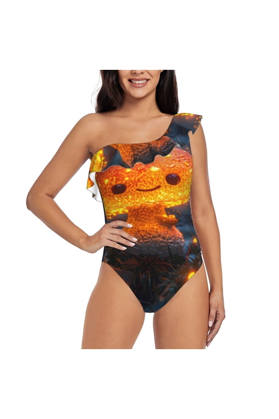 Glowing Mushroom In Forest Pattern Women One Piece Swimsuits Tummy Control One Shoulder Bathing Suits Ruffle Swimwear-Small