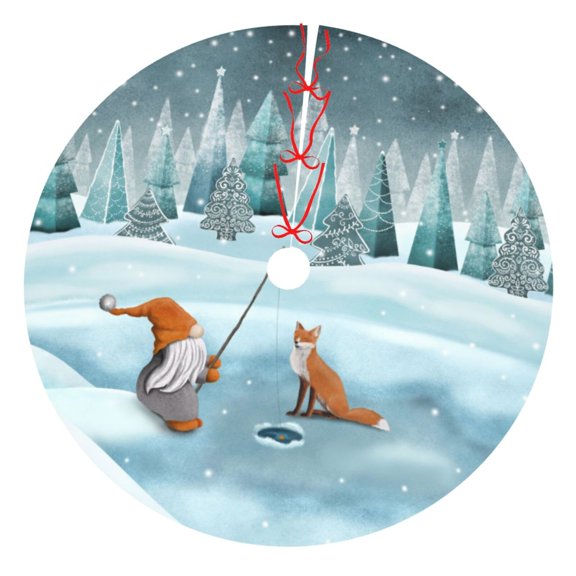Rateoe Gnome And Red Fox Fishing Print Christmas Tree Skirt 48" for Xmas Holiday New Year Party Circle Tree Mat Ornaments Decoration