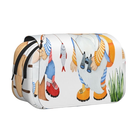 Rateoe Gnome Camping Fishing Pattern Double Clamshell Pen Case, Storage Organizer with Two Zipper Compartments Holds Up to 50 Pencils & Pens
