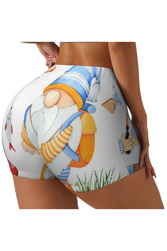 Gnome Camping Fishing Printed Power Workout Shorts for Women Tummy Control Squat Proof Ribbed Thick Seamless Scrunch Active Short-Medium