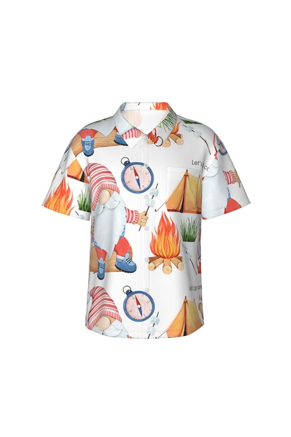 Gnome Camping Pattern Men’s Hawaiian Shirt – Short Sleeve Button-Down Tropical Beach Shirt, Lightweight & Breathable Casual Aloha Shirt with Pocket,Medium