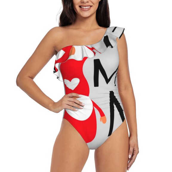 Rateoe Gnome Home With A Cute Gnome Pattern Women One Piece Swimsuits Tummy Control One Shoulder Bathing Suits Ruffle Swimwear-Medium