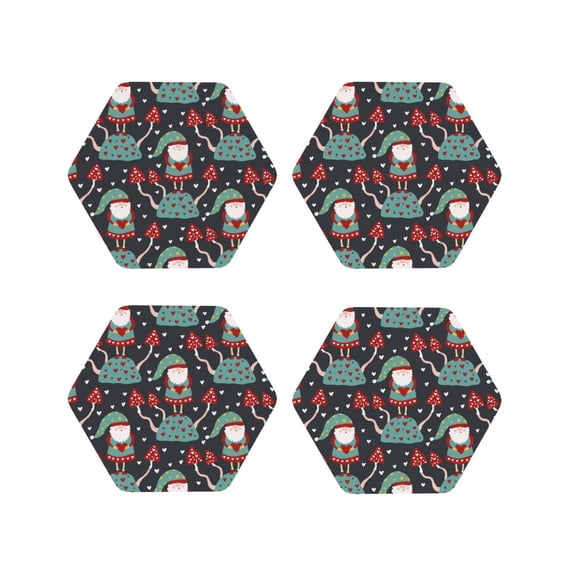 Rateoe Gnome With Mushroom 2 Drawing Drink Coasters Set of 4 Leather Coasters Spill Protection for Table Desk,Durable and Non Slip Leather Coaster ,4 Inches Drink Mats-Hexagon
