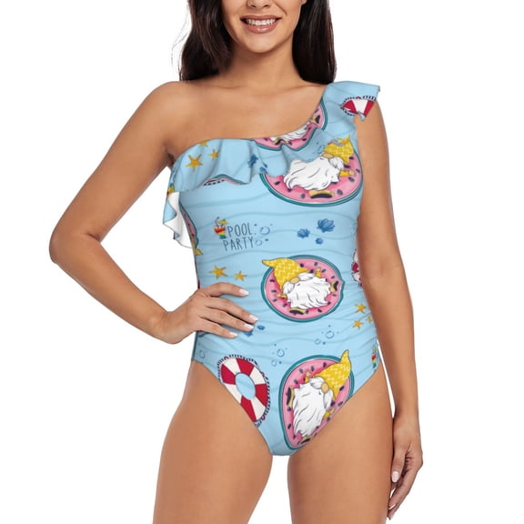 Rateoe Gnome On A Watermelon Mattress In The Pool Pattern Women One Piece Swimsuits Tummy Control One Shoulder Bathing Suits Ruffle Swimwear-X-Large
