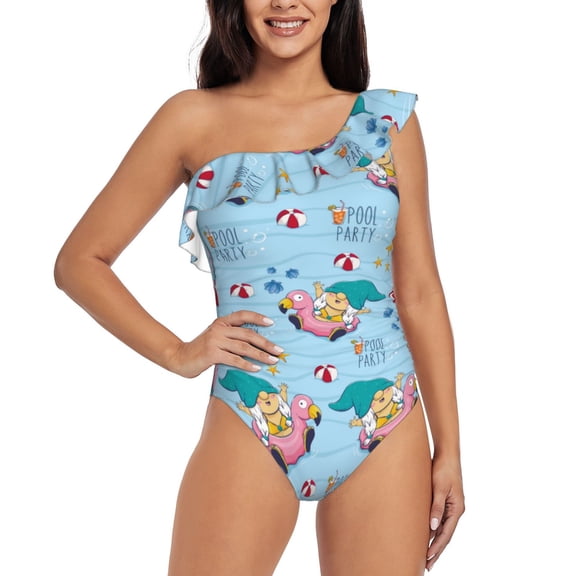 Rateoe Gnome Pool Party Pattern Women One Piece Swimsuits Tummy Control One Shoulder Bathing Suits Ruffle Swimwear-Medium