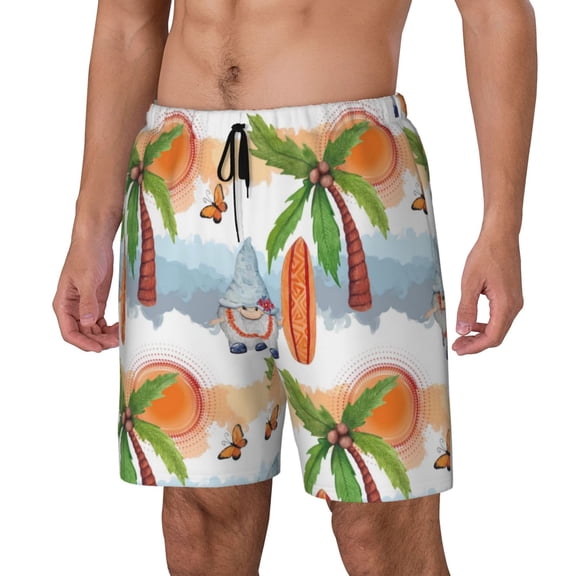 Rateoe Gnome and Surfing Pattern Men’s Swim Shorts with Compression Liner – Double-Layered Quick-Dry Swimwear, Comfortable & Stretchy Beach Shorts-Small