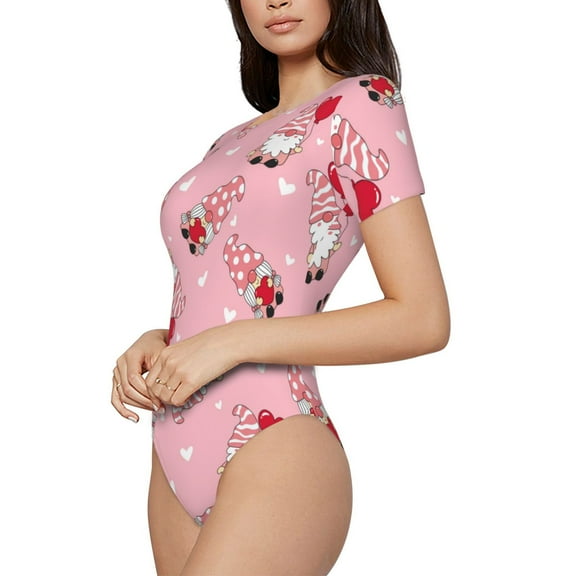 Rateoe Gnome With Heart Printed Women Rash Guard Short Sleeve,Tummy control Swimsuit Surfing Swimsuit Bathing Suit Short-sleeved Onesie UPF 50 