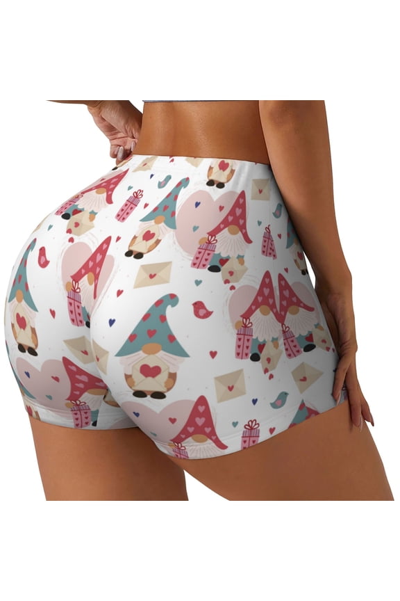 Gnome With Love Letter Printed Power Workout Shorts for Women Tummy Control Squat Proof Ribbed Thick Seamless Scrunch Active Short-Large