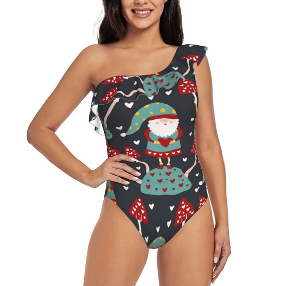 Rateoe Gnome With Mushroom 2 Pattern Women One Piece Swimsuits Tummy Control One Shoulder Bathing Suits Ruffle Swimwear-Large