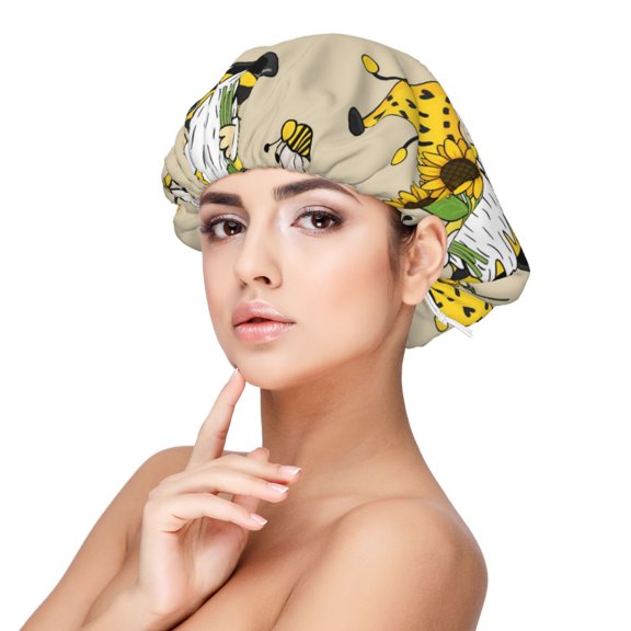 Rateoe Gnomes Bees And Sunflowers Pattern Silk Satin Hair Bonnet for Sleeping, Adjustable Sleep Cap Turban for Women , Curly Straight Hair Long Large Braid
