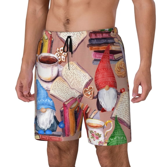 Rateoe Gnomes Books Tea Cups Pattern Men’s Swim Shorts with Compression Liner – Double-Layered Quick-Dry Swimwear, Comfortable & Stretchy Beach Shorts-Medium
