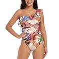 thumbnail image 1 of Rateoe Gnomes Books Tea Cups Pattern Women One Piece Swimsuits Tummy Control One Shoulder Bathing Suits Ruffle Swimwear-, 1 of 6