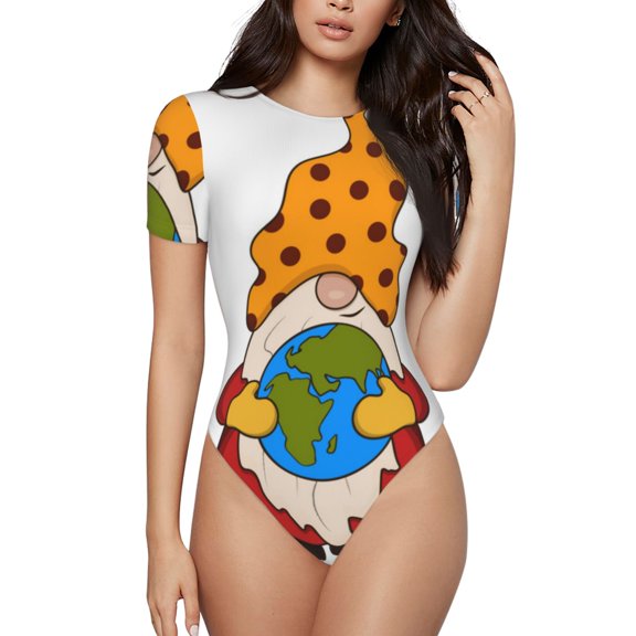 Rateoe Gnomes Are Holding School Supplies Printed Women Rash Guard Short Sleeve,Tummy control Swimsuit Surfing Swimsuit Bathing Suit Short-sleeved Onesie UPF 50+ -Small
