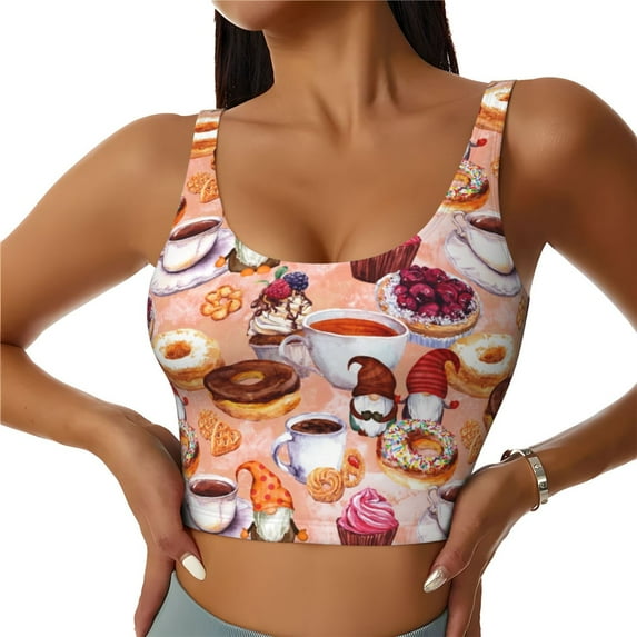 Rateoe Gnomes With Coffee Print Womens' Sports Bras Scoop Neck Sports Vest- Padded U Back Seamless High Impact Support-Large