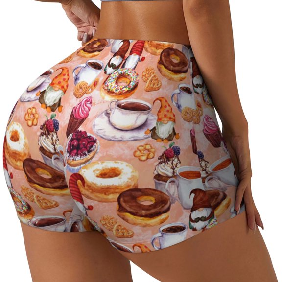 Rateoe Gnomes With Coffee Printed Power Workout Shorts for Women Tummy Control Squat Proof Ribbed Thick Seamless Scrunch Active Short-Medium