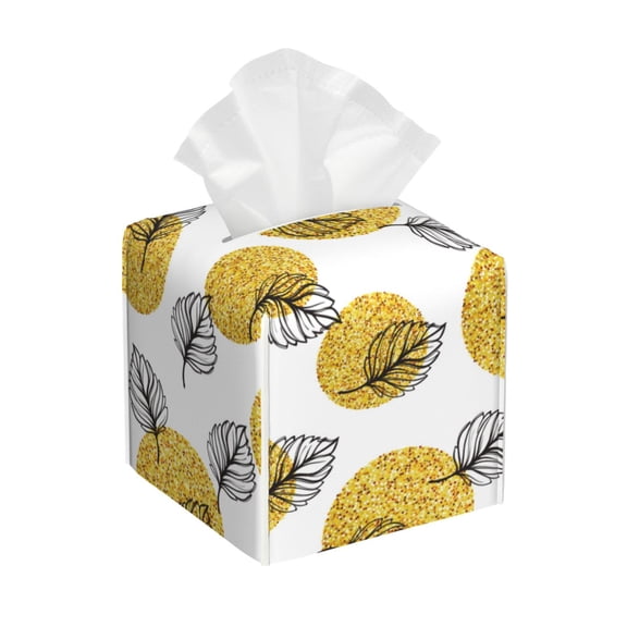 Rateoe Gold Dots and Leaves Pattern Tissue Box Cover, Modern Square Decorative Leather Facial Paper Case Organizer Holder Dispenser 5X5X5''