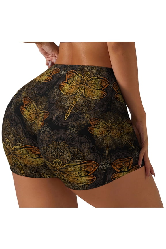 Gold Dragonfly Mandala Printed Power Workout Shorts for Women Tummy Control Squat Proof Ribbed Thick Seamless Scrunch Active Short-Medium