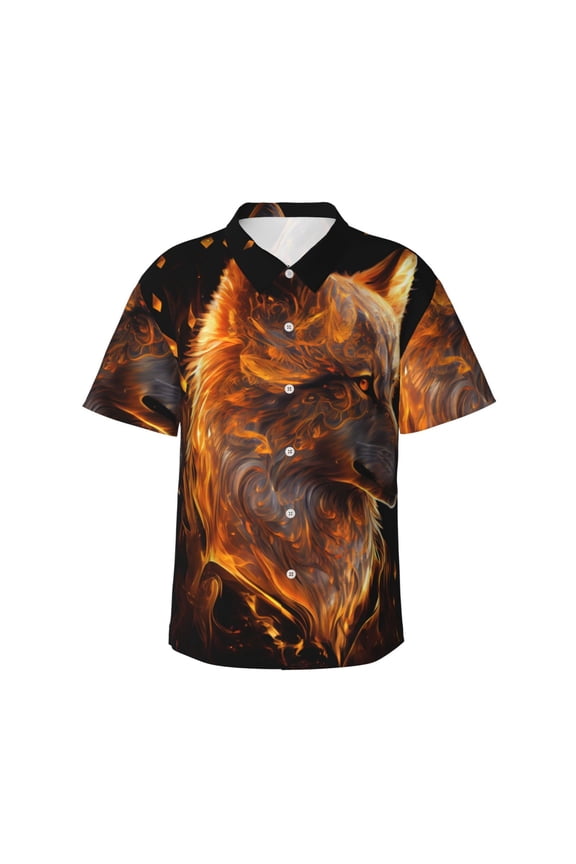 Gold Flame Pattern Wolf Pattern Mens Hawaiian Shirt Short Sleeve Button-Down Tropical Beach Shirt, Lightweight & Breathable Casual Aloha Shirt with Pocket,