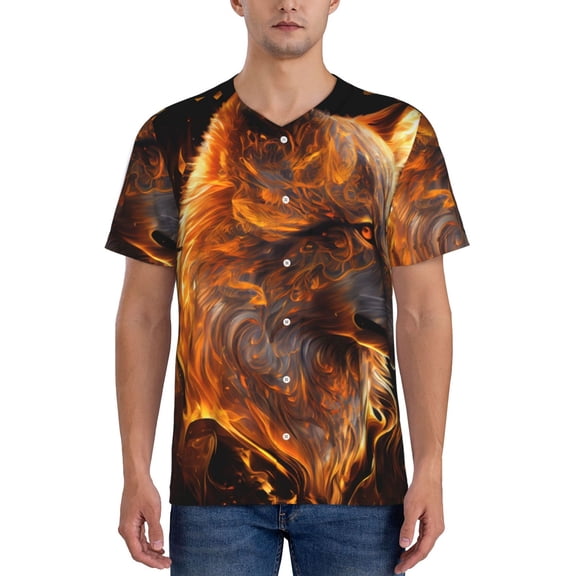 Rateoe Gold Flame Pattern Wolf Pattern Men’s Baseball Short Sleeve Polo Shirt, Midweight Men's Shirt Golf Shirt Polo Shirts Quick Dry Short-Large