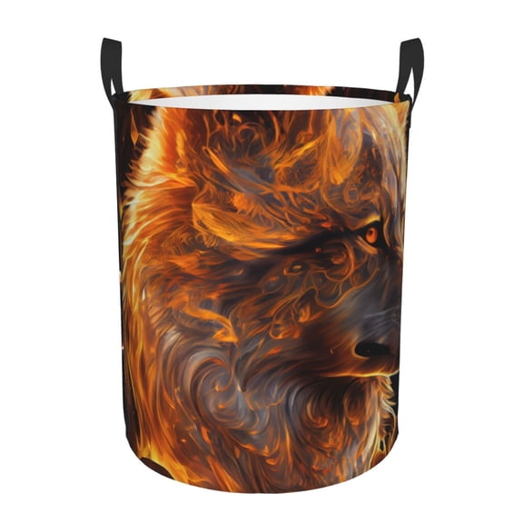 Rateoe Gold Flame Pattern Wolf Pattern Round Laundry Hamper Basket, Tall Hamper Basket for Blanket Storage, Nursery Clothes Hamper for Laundry in Bedroom and College Dorm-Small