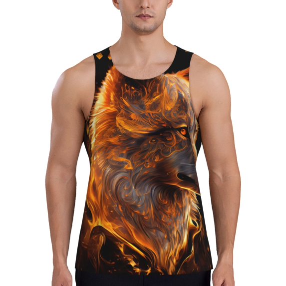 Rateoe Gold Flame Pattern Wolf Pattern Sleeveless Gym Shirt Muscle Tee Breathable Workout Shirt Slim-Fit Tank Quick Dry Fit Muscle Tank Top Bodybuilding Sleeveless T Shirt-3X-Large