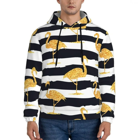 Rateoe Gold Flamingo Pattern Mens Hoodie, Pullover Hooded Sweatshirt, Kangaroo Pocket Hoodie Ideal for Daily Wear, Travel and Home-XX-Large