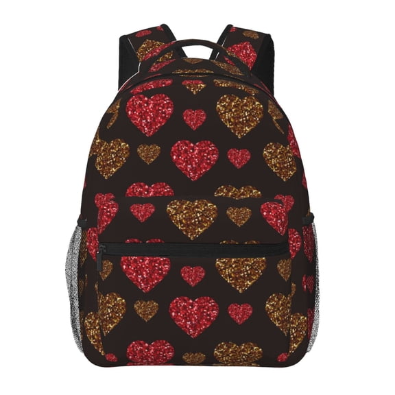Rateoe Gold Glitter Heart Pattern Casual Backpack for School, Work, Travel – Adjustable Straps, Multiple Compartments – Ergonomic Design, Fits Laptops and Tablets
