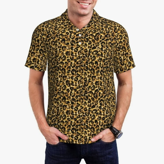 Rateoe Gold Glitter Leopard Pattern Men's Short Sleeve Polo Shirts, Golf Polo Shirts Short Sleeve Performance Moisture Wicking Dry-Large