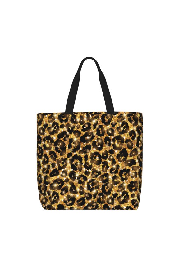 Gold Glitter Leopard Print Lightweight Tote Bag for Women, Water-Resistant Shoulder Bag with Zipper, Spacious Casual Handbag for Work, School, Shopping