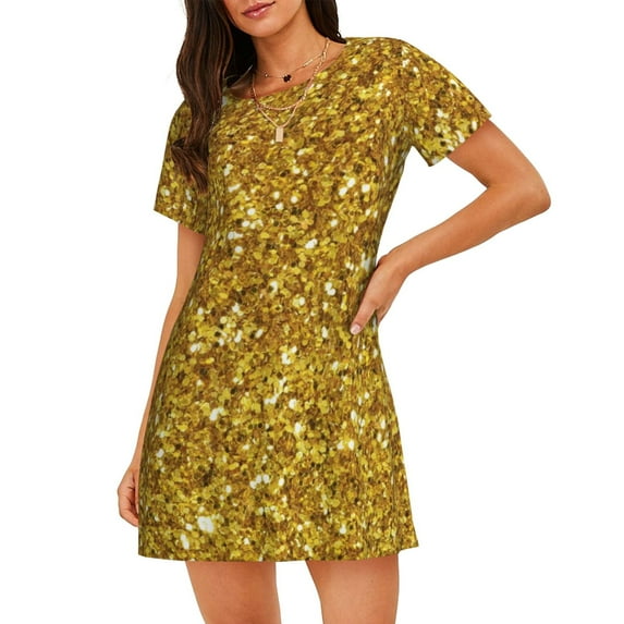 Rateoe Gold Glitter Print Women’s Nightdress – Cozy Cotton Short-sleeved Sleep Shirt, Loose-Fit Sleepwear, Perfect for Relaxing and Sleeping