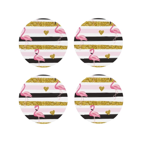 Rateoe Gold Glittering Hearts and Flamingos Drawing Drink Coasters Set of 4 Leather Coasters Spill Protection for Table Desk,Durable and Non Slip Leather Coaster ,4 Inches Drink Mats-Round Shape