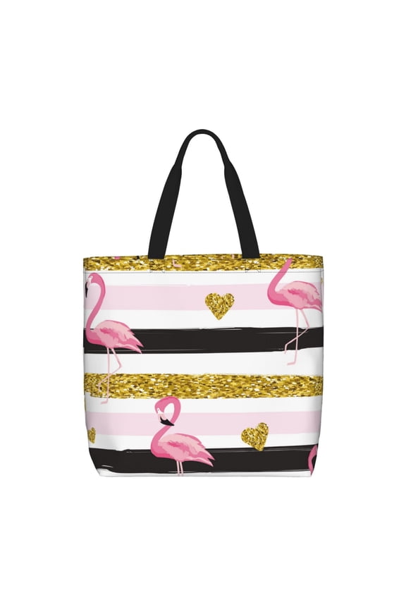 Gold Glittering Hearts and Flamingos Print Lightweight Tote Bag for Women, Water-Resistant Shoulder Bag with Zipper, Spacious Casual Handbag for Work, School, Shopping