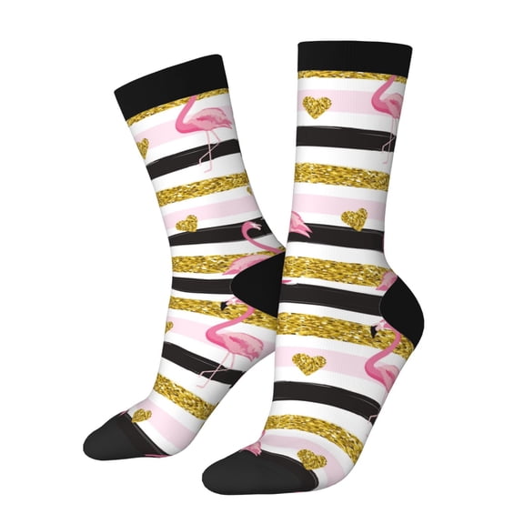 Rateoe Gold Glittering Hearts and Flamingos for Women Casual Calf Socks - Cute Crew Socks - Thin Soft Above Ankle Socks Size 5-11