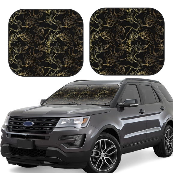 Rateoe Gold Gloss Outline Floral Pattern 2 Piece Car Windshield Sun Shade Foldable | Front Windshield Shade for Sun, Heat and UV Rays | Sunshade for Car Front Window-Medium