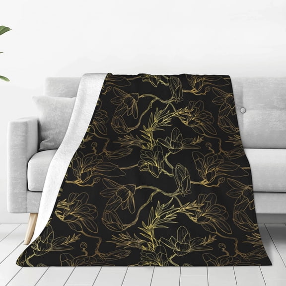 Rateoe Gold Gloss Outline Floral Print Fuzzy Fleece Throw Blanket Extra Large,Super Soft,Fluffy and Warm Blankets for Couch,Bed,All Season Use (60"x50")