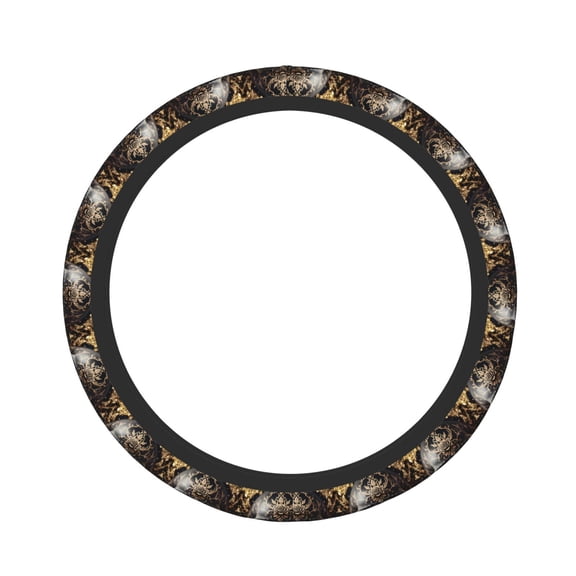 Rateoe Gold Pattern Black Skull Pattern Elastic Stretch Steering Wheel Cover, Universal 15 inch, Microfiber Breathable , Anti-Slip, Odorless, Easy Carry