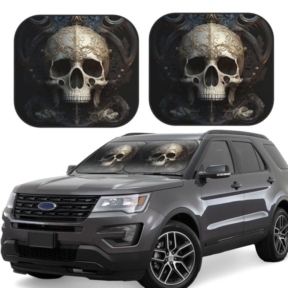 Rateoe Gold Pattern Skull Pattern 2 Piece Car Windshield Sun Shade Foldable | Front Windshield Shade for Sun, Heat and UV Rays | Sunshade for Car Front Window-Large