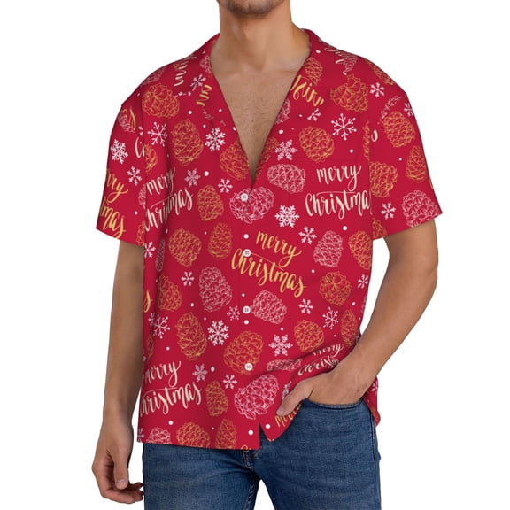 Rateoe Gold Pinecone Merry Christmas A Pattern Men's Short Sleeve Classic Shirt, Casual Short-Sleeved Shirt, Lightweight Summer Shirt, Cuban Collar Shirt,Button-Front Shirt-Medium