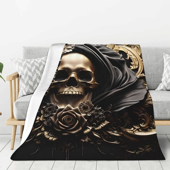 Rateoe Gold Rose Skull Pattern Flannel Throw Blanket, Ultra-soft Blanket for Bed, Couch, Car, Hypoallergenic Anti-pilling blanket-40"x30"(Vertical)