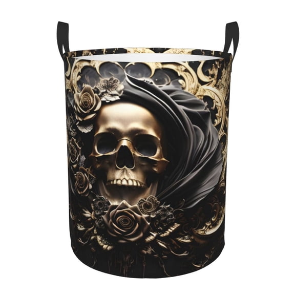 Rateoe Gold Rose Skull Pattern Round Laundry Hamper Basket, Tall Hamper Basket for Blanket Storage, Nursery Clothes Hamper for Laundry in Bedroom and College Dorm-Small