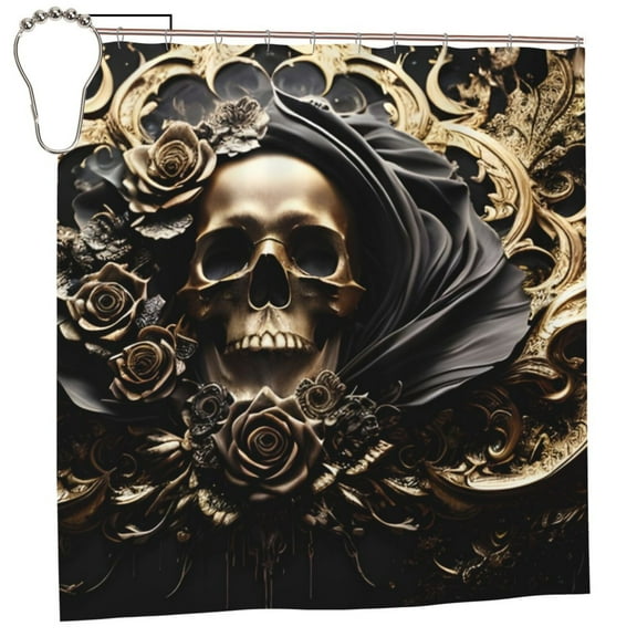 Rateoe Gold Rose Skull Shower Curtain - Fancy Bathroom Shower Curtain Sets - Waterproof Shower Curtain with Hooks with 12 Plastic Hooks 72x72 Inches