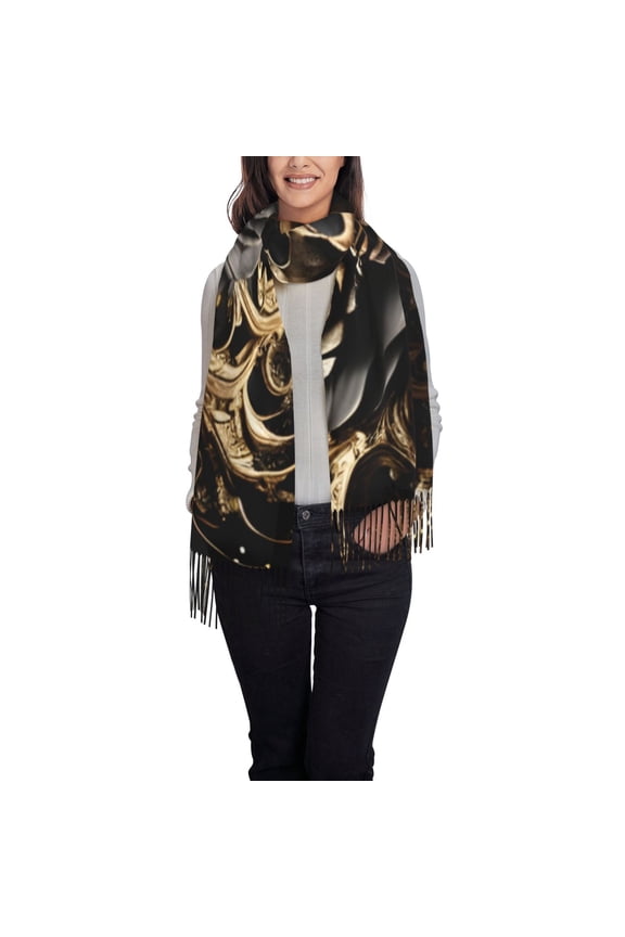 Gold Rose Skull Women's Traditional Scarf Wrap Tassel Shawl Fringes Neck Head Shawl Retro Scarf