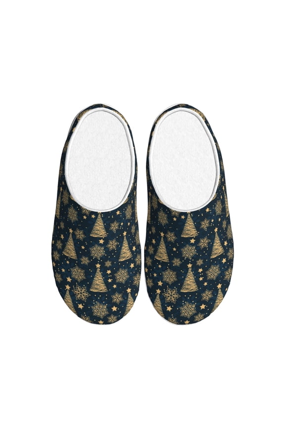 Gold Snowflake Christmas Tree Print Women's Men's Cotton Knit Slippers Lightweight Memory Foam Indoor House Shoes with Anti-Skid Sole-46/47