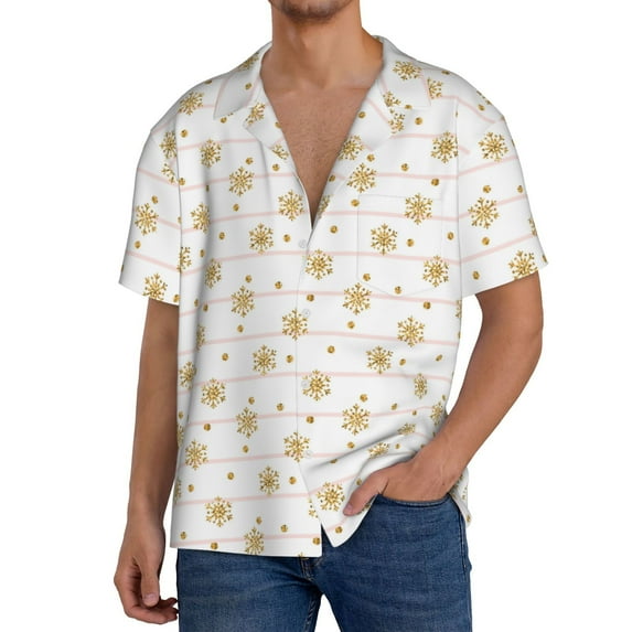 Rateoe Gold Snowflake Stripes Pattern Men's Short Sleeve Classic Shirt, Casual Short-Sleeved Shirt, Lightweight Summer Shirt, Cuban Collar Shirt,Button-Front Shirt-Small