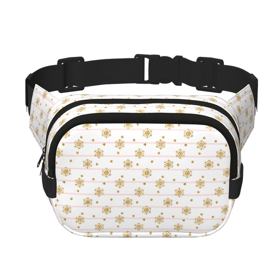 Rateoe Gold Snowflake Stripes Print Fanny Pack Belt Bag for Women and Men, Square Double-Layer Waterproof Waist Pack with Adjustable Strap for Hiking, Jogging, Cycling