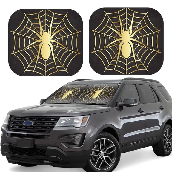 Rateoe Gold Spider On The Web Pattern 2 Piece Car Windshield Sun Shade Foldable | Front Windshield Shade for Sun, Heat and UV Rays | Sunshade for Car Front Window-Small
