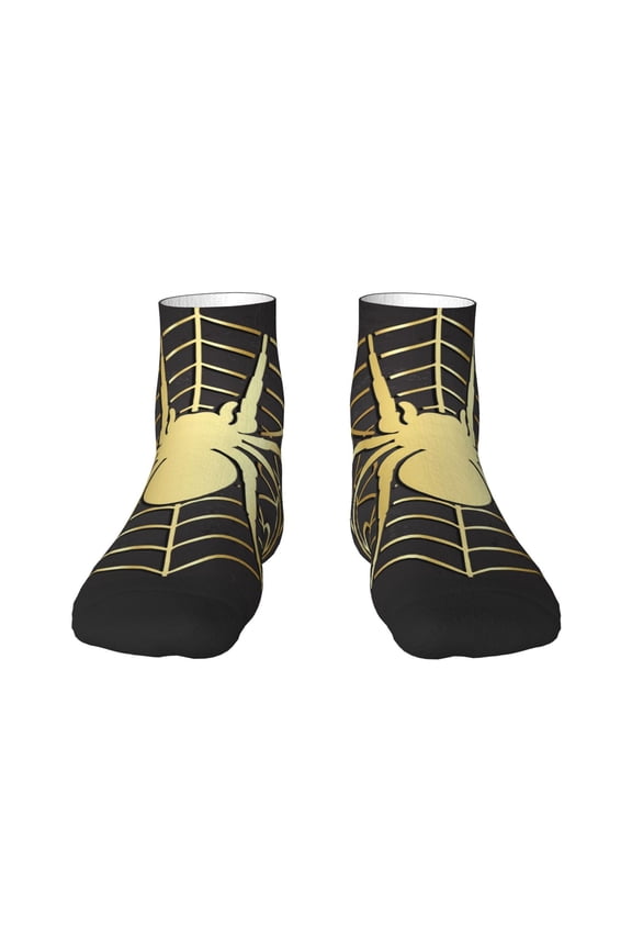 Gold Spider On The Web Pattern Quarter Crew Socks,Toe Seamed Ankle Socks,Cotton Cushioned Breathable Athletic Crew Sports Socks