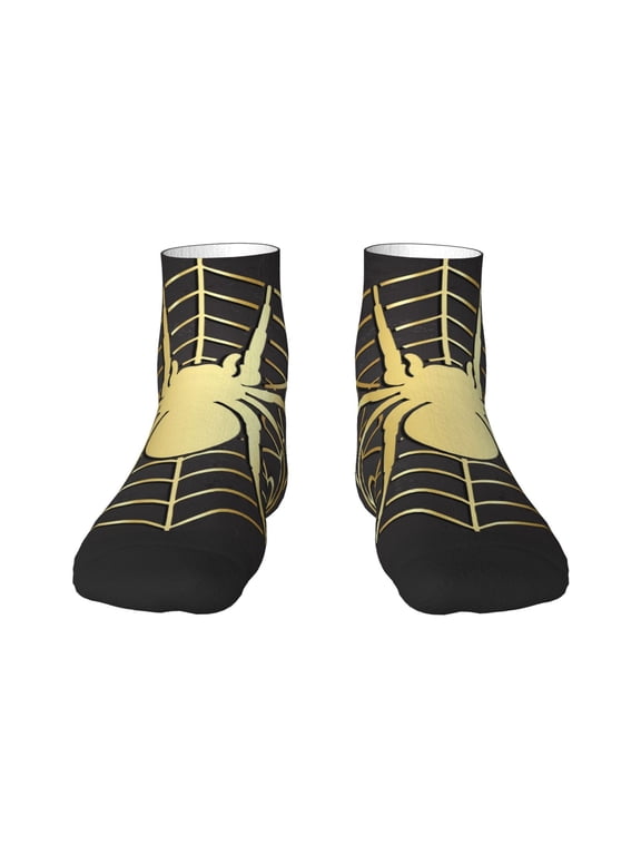 Gold Spider On The Web Pattern Quarter Crew Socks,Toe Seamed Ankle Socks,Cotton Cushioned Breathable Athletic Crew Sports Socks